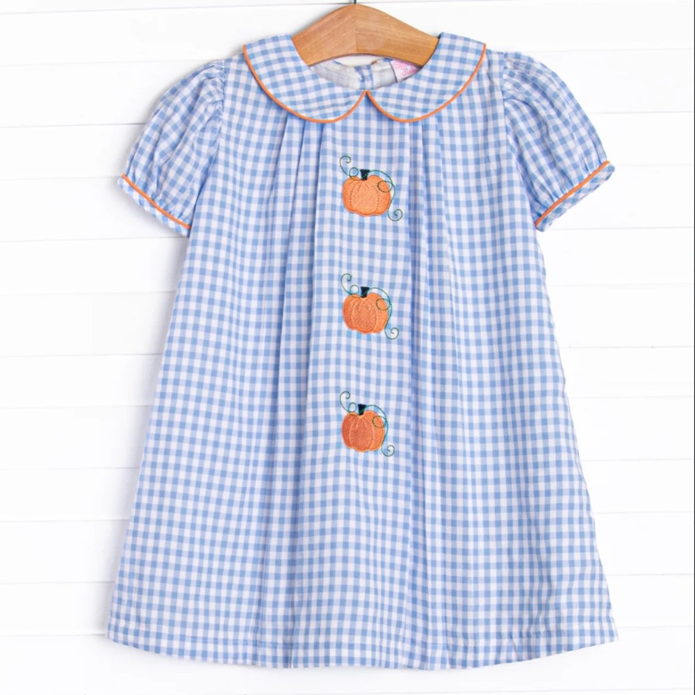 Dress with Pumpkin Appliqués Blue and White Gingham Peter Pan Collar